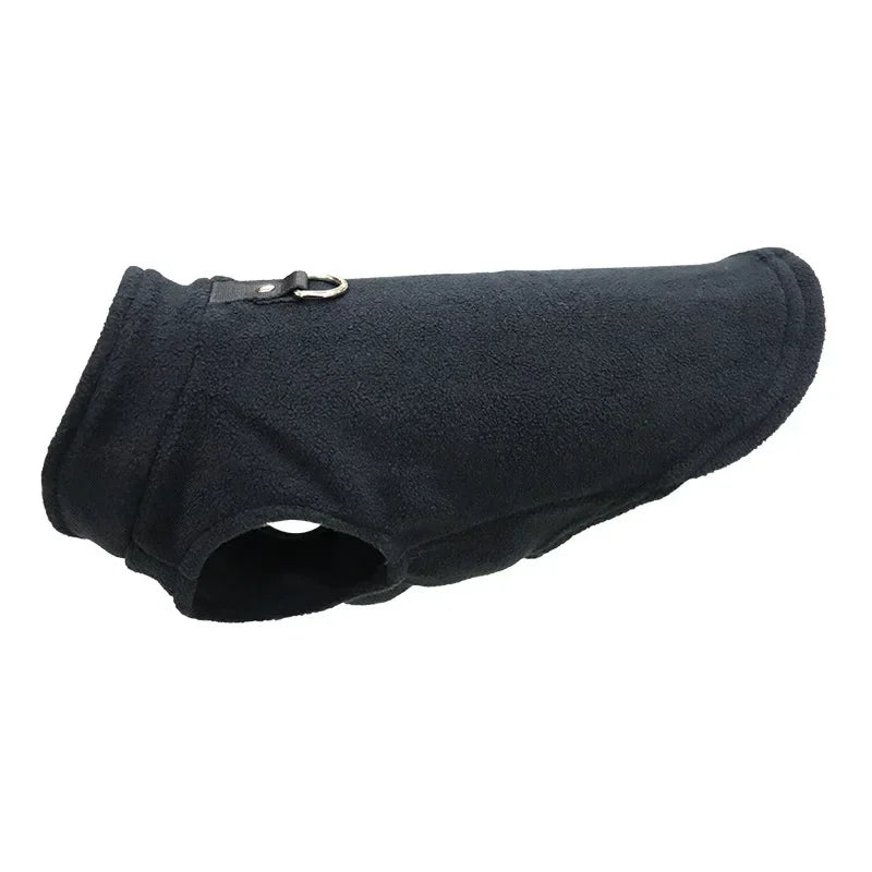 Chaqueta para perro de forro polar azul marino oscuro con hebilla y anillo D para correa.