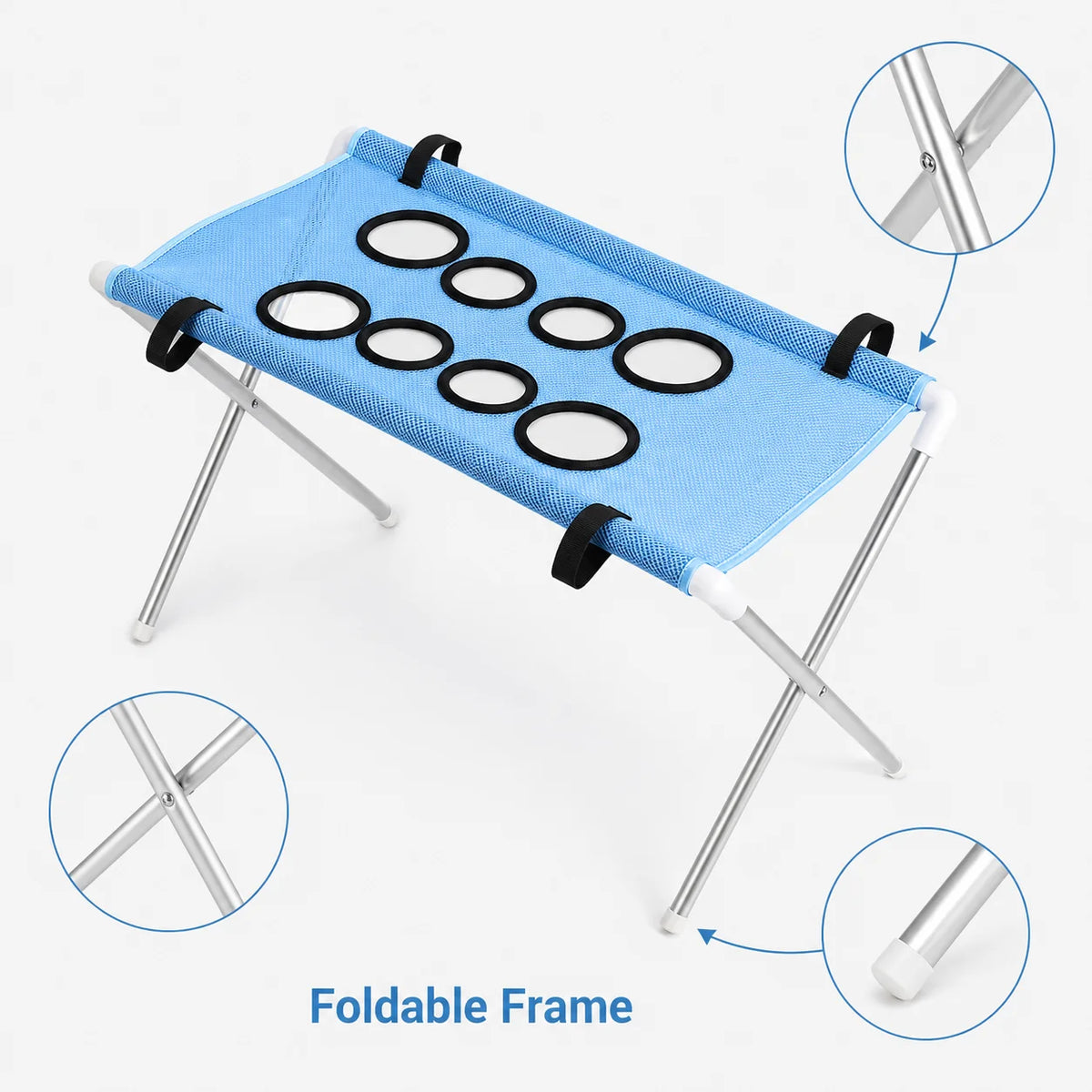 A light blue foldable frame pet bath hammock stand with black straps and adjustable legs.