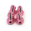 A set of four pink breathable summer dog shoes with mesh and black straps.
