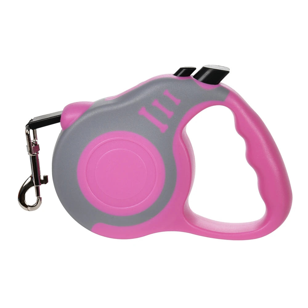 A pink and gray retractable dog leash with a handle and clip.