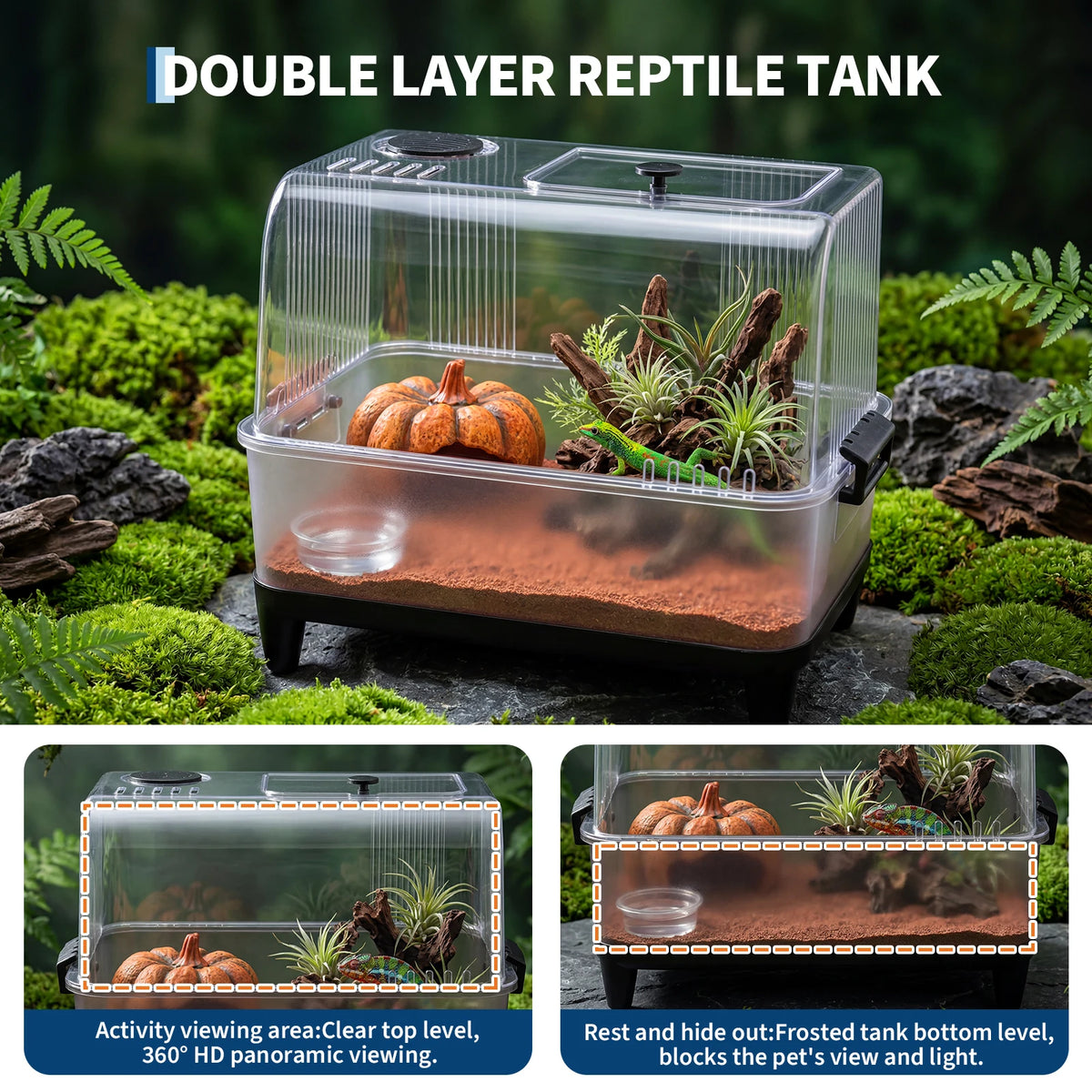 A clear double layer reptile tank with a lid showing a pumpkin and foliage inside.