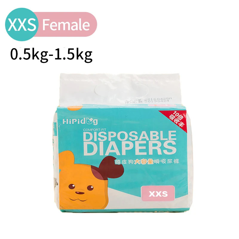 A package of disposable diapers for dogs labeled XXS female size and weighing 0.5kg-1.5kg