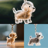 Un ensemble de figurines de chiens en silicone transparent avec cheveux, montrés dans diverses poses et couleurs.