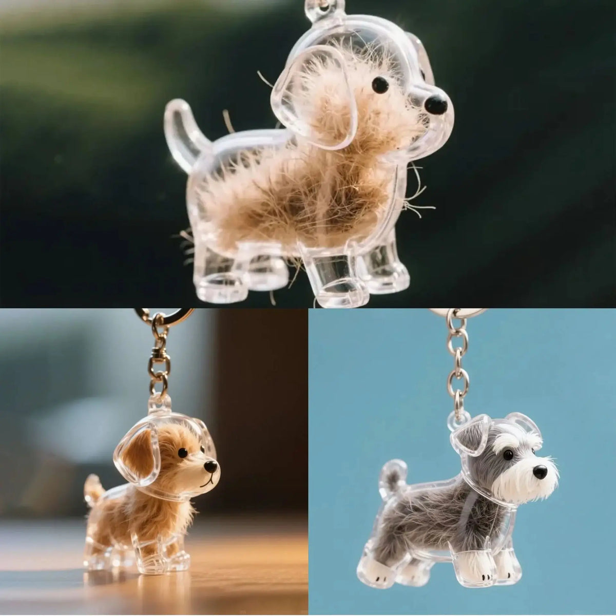 Un ensemble de figurines de chiens en silicone transparent avec cheveux, montrés dans diverses poses et couleurs.