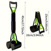 A black and lime green foldable pet poop scooper with a handle and scoop shown in various dimensions.