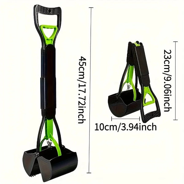 A black and lime green foldable pet poop scooper with a handle and scoop shown in various dimensions.