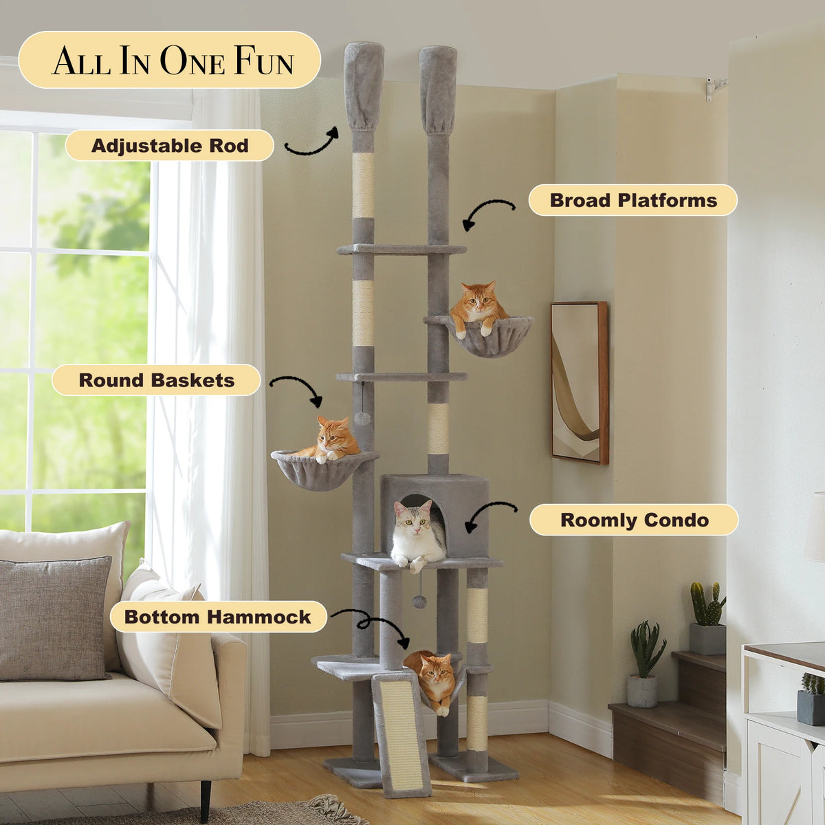 A tall, multi-level cat tree tower with adjustable rods, round baskets, and a bottom hammock, set in a bright living room.