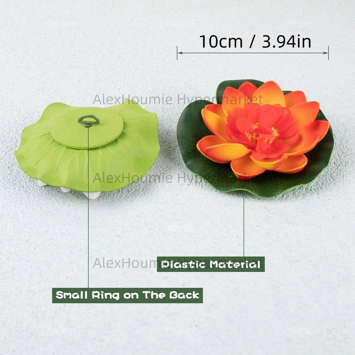 A set of seven floating foam lotus flowers with green lily pads shown on a white surface.