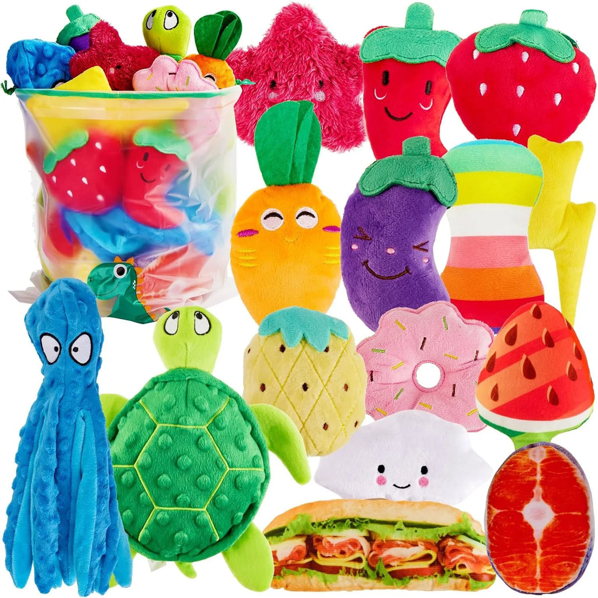 A collection of 20 squeaky plush toys shaped like various fruits and animals for dogs.