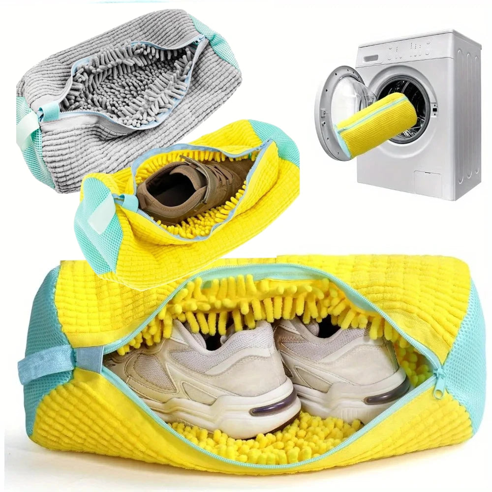 A yellow shoe washing bag is shown open, containing a pair of shoes, next to a white washing machine.