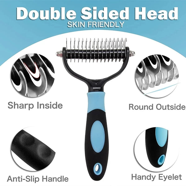 A double-sided pet grooming brush with a sharp inside and round outside, featuring an anti-slip handle and handy eyelet.