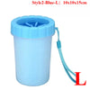 A light blue portable paw washer cup with a silicone brush and a hanging cord.