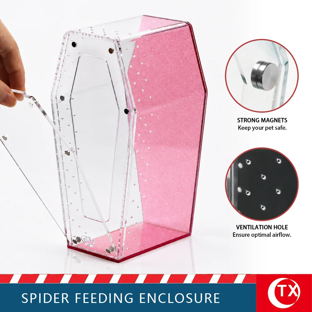 Pink magnetic acrylic spider feeding enclosure with a clear view and ventilation hole