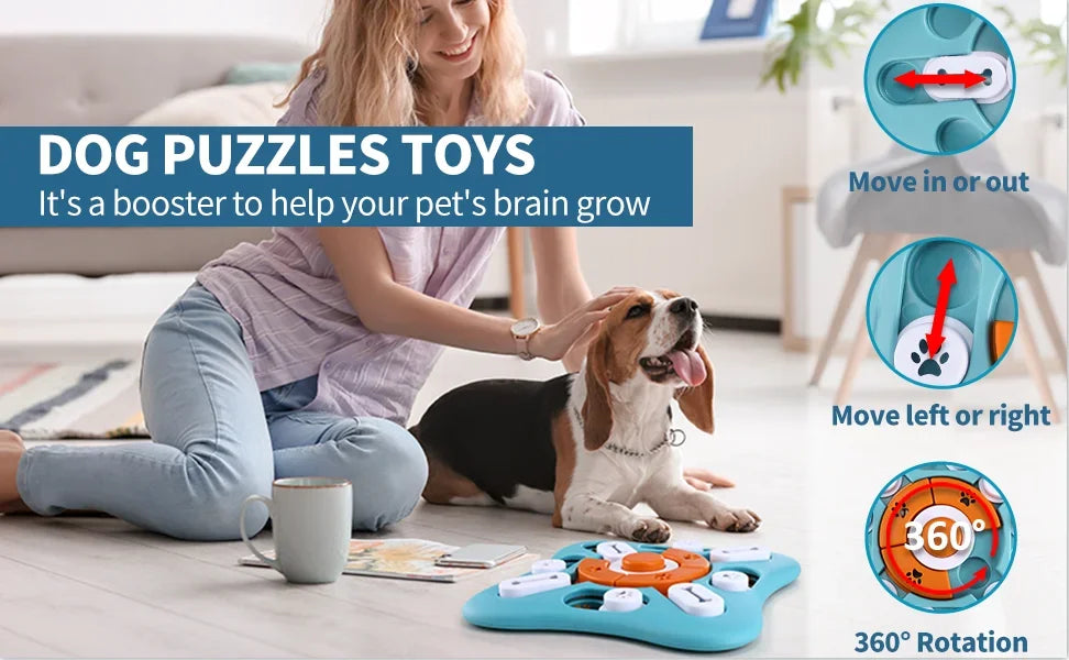 A person is using an interactive dog puzzle toy for mental stimulation, demonstrating various movement features like move in 