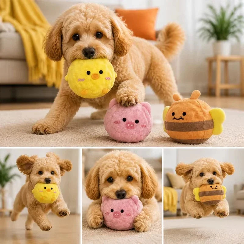 A fluffy brown dog plush toy resembling a hedgehog, with a yellow squeaker attached.