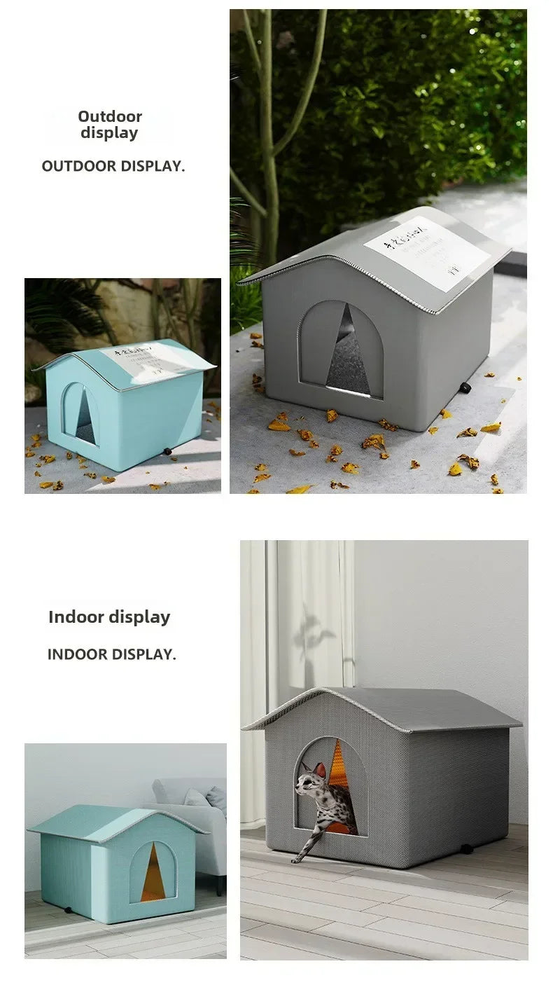 A gray insulated outdoor cat house with a slanted roof and an entrance, shown in both indoor and outdoor settings.