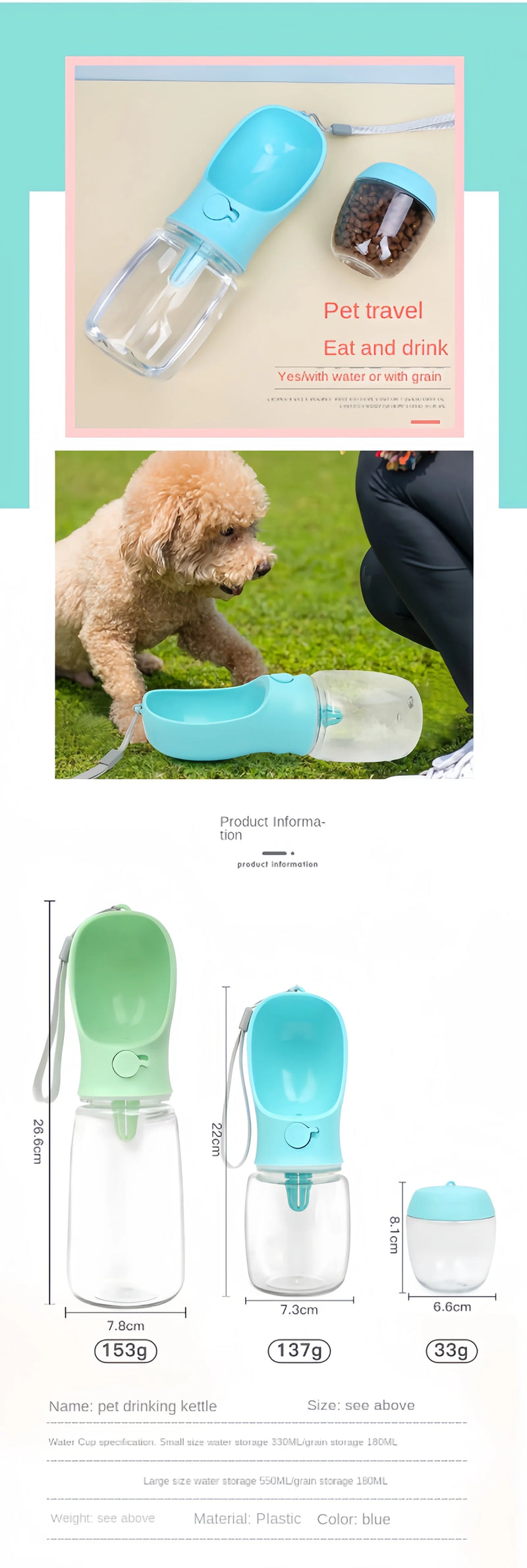 Bouteille d'eau portable pour animaux avec rangement pour nourriture