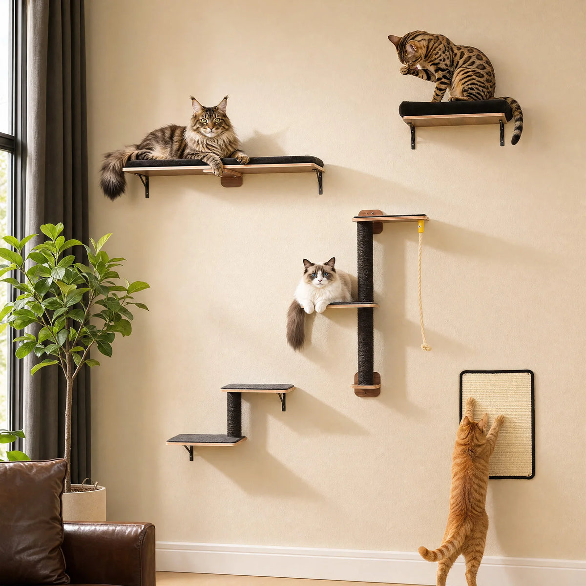 Modular Wall-Mounted Cat Climbing Shelves with Scratching Posts