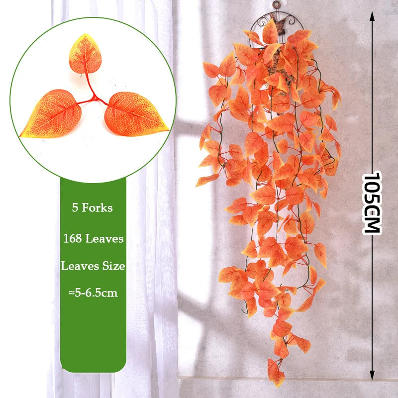 An artificial ivy wall hanging plant featuring 5 forks and 168 orange leaves hanging vertically.