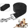Black nylon dog training leash with a metal clip and a coiled long lead strap.