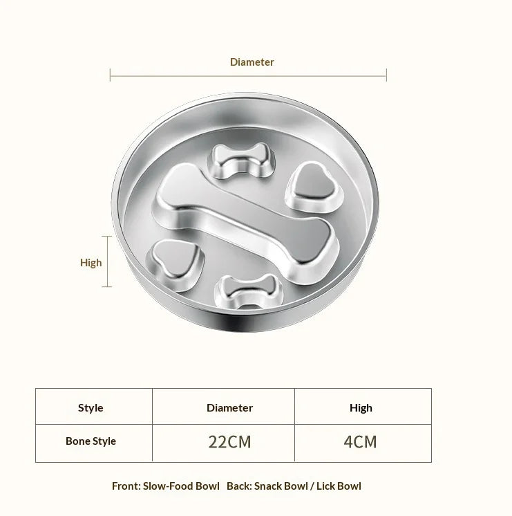 Stainless steel slow feeder dog bowl with a non-slip base showing various bone styles
