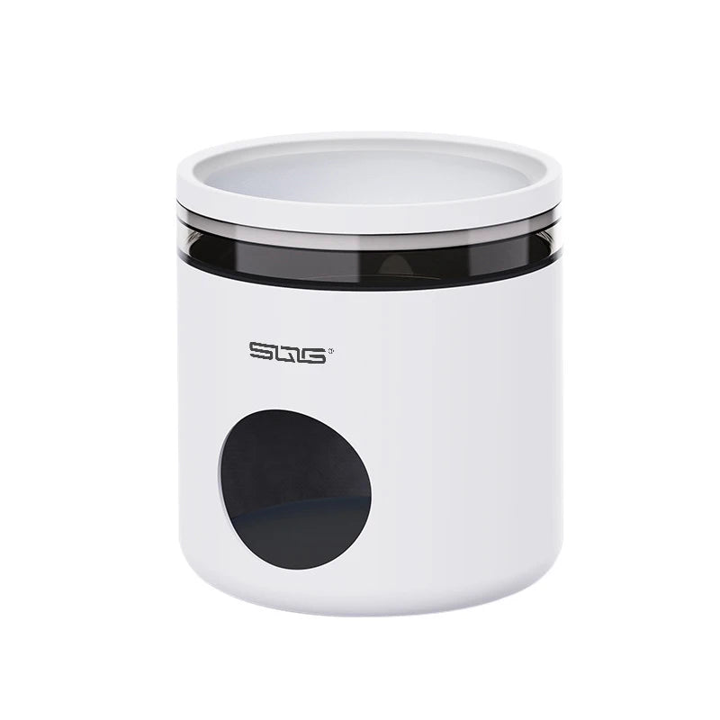 White cooling hideout container with a black lid and a circular dark opening.