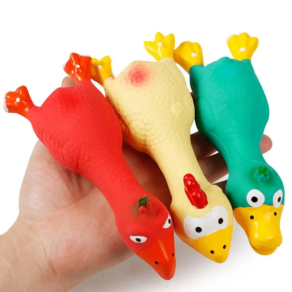 A hand holds a set of chicken-shaped squeaky dog toys in red, yellow, and green colors.