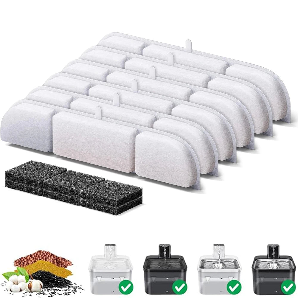 White activated carbon replacement filters for pet water fountains shown alongside black carbon blocks and various filter typ