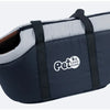 A navy blue portable foldable pet carrier bag with a light gray lining and a black strap.