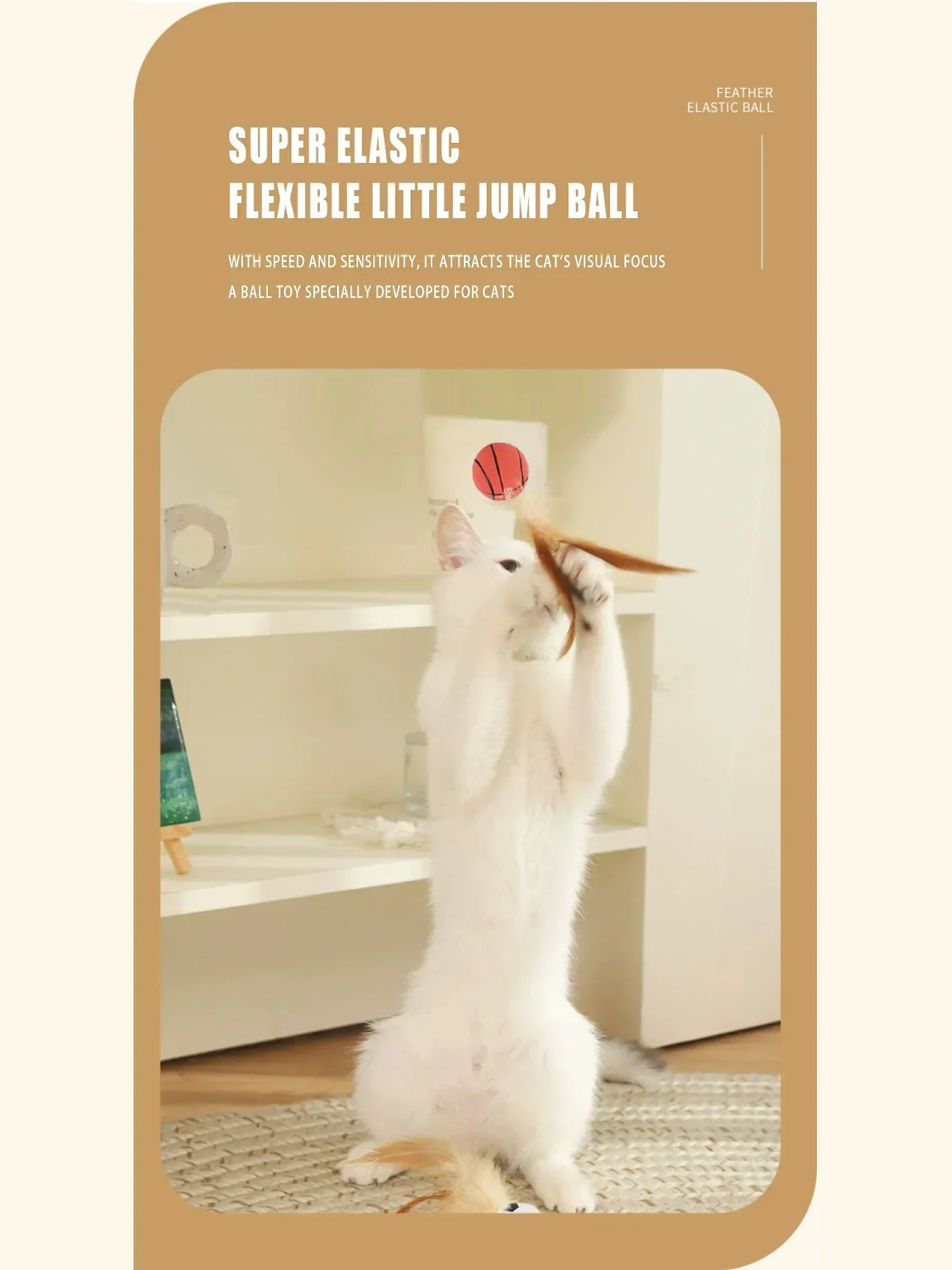Eine weiße Katze spielt mit einem super elastischen, flexiblen Springballspielzeug mit Federn.