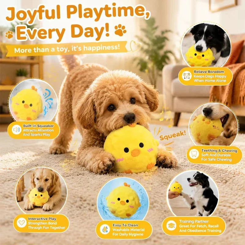 A golden retriever puppy plays with a yellow squeaker hedgehog plush dog toy.