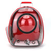 A red portable transparent pet backpack for dogs and cats with a handle.