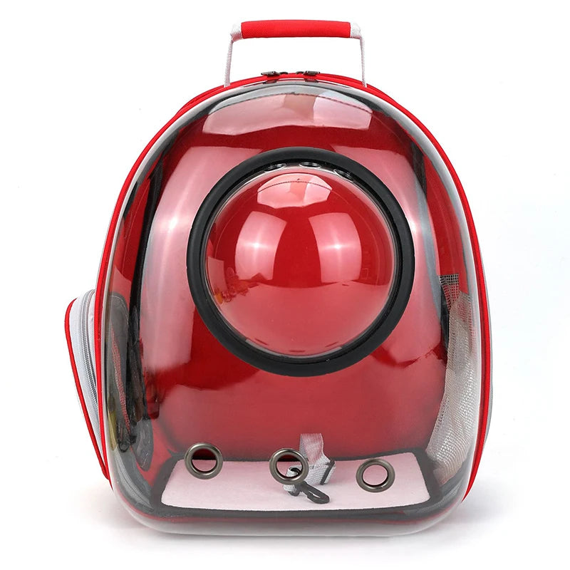 A red portable transparent pet backpack for dogs and cats with a handle.