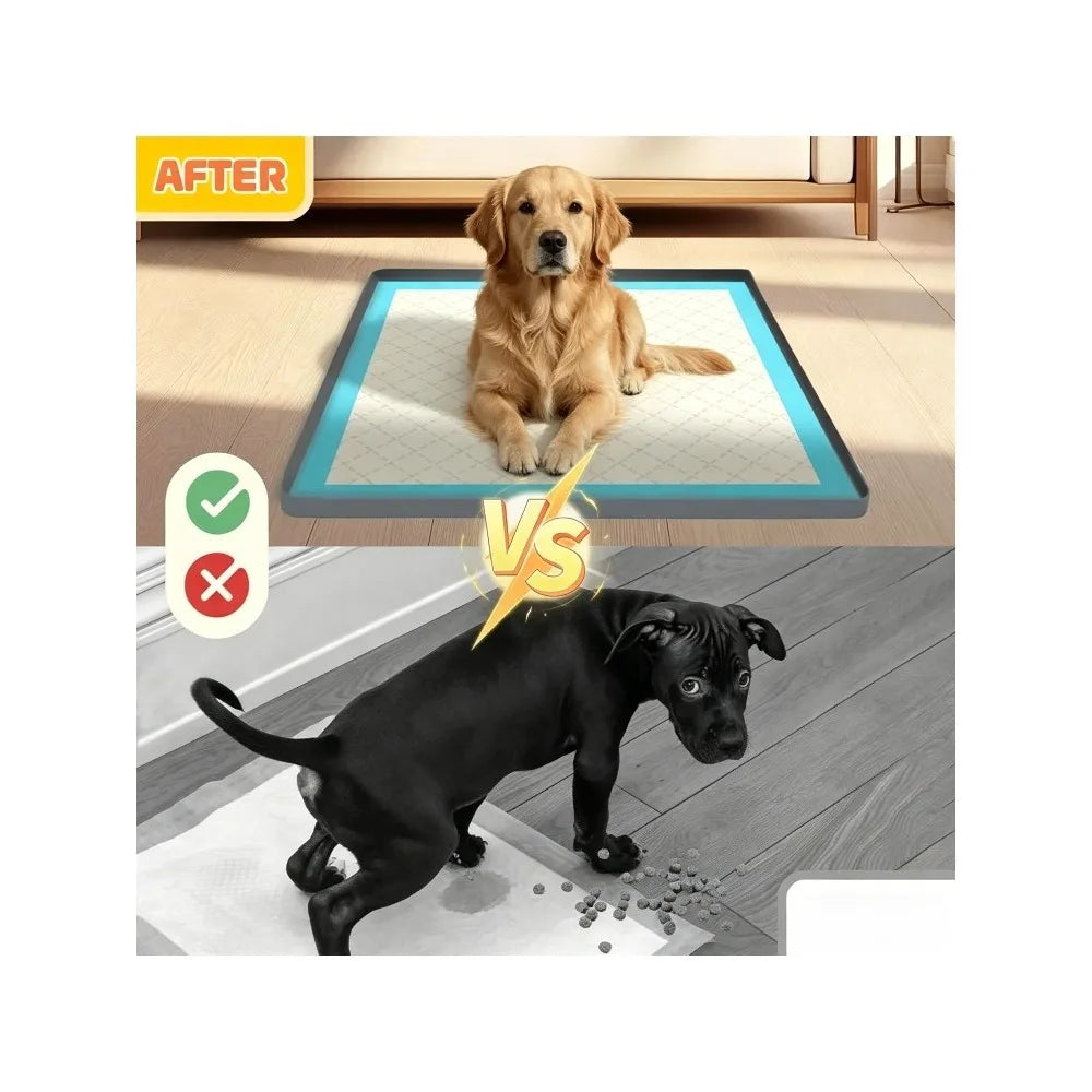 Vergleichsbild: Golden Retriever auf Silikon-Windel versus schwarzer Welpe.