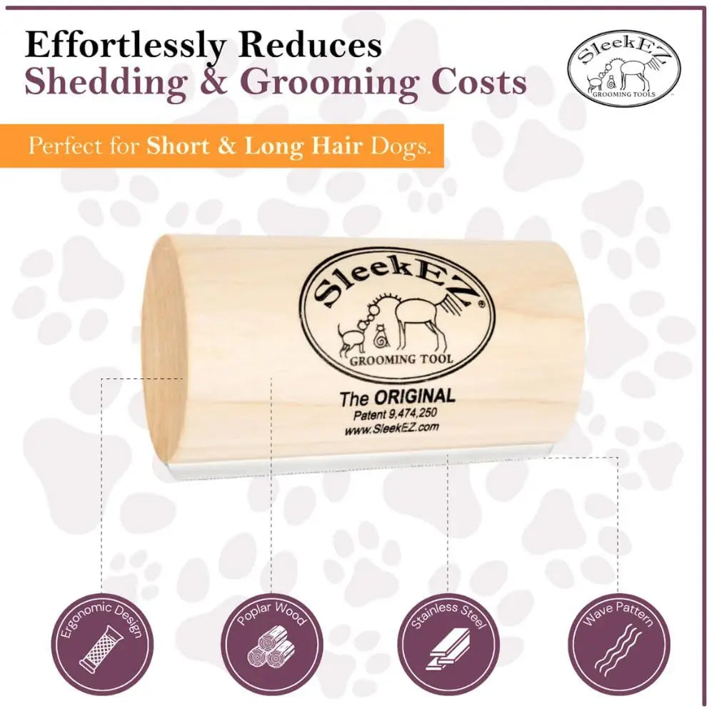 A wooden pet grooming tool labeled SleekEZ Original featuring an ergonomic design and wave pattern.