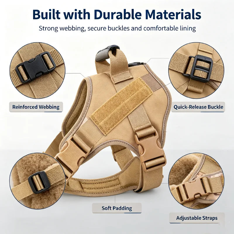 A tan tactical dog harness showing reinforced webbing, quick-release buckles, soft padding, and adjustable straps.