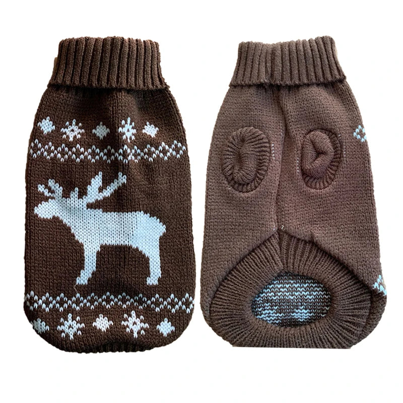 Suéter de punto marrón oscuro para mascota con patrón de reno blanco y puños acanalados.