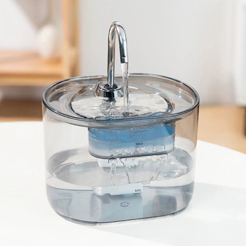 A clear glass cat water fountain with a stainless steel faucet and automatic sensor visible on a white surface.