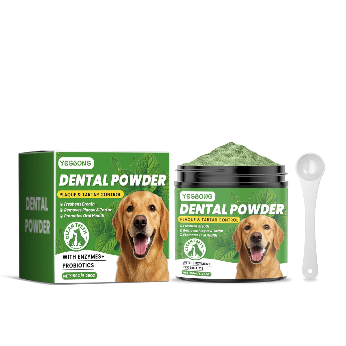 Box and jar of Yegbong dental powder for dogs with probiotics