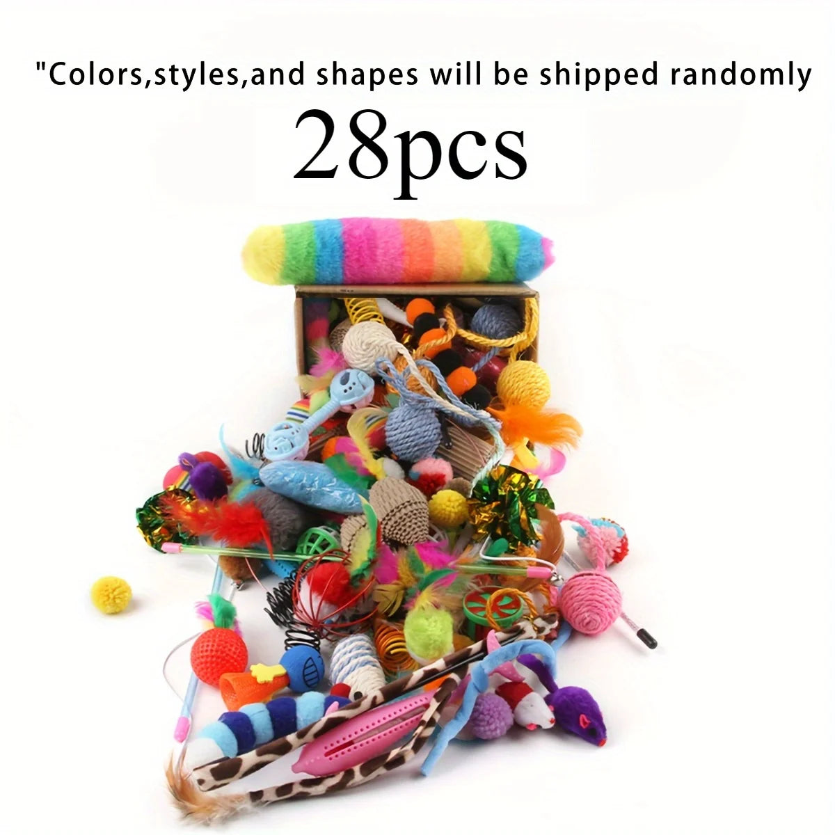 A collection of 28 assorted colorful yarn and fabric shapes, including pom-poms, balls, and various textures for cat toys.