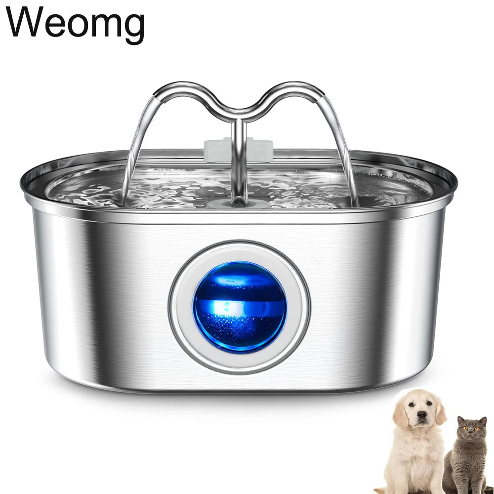 A stainless steel cat water fountain with an LED light and silent pump is shown, featuring a circular blue light.