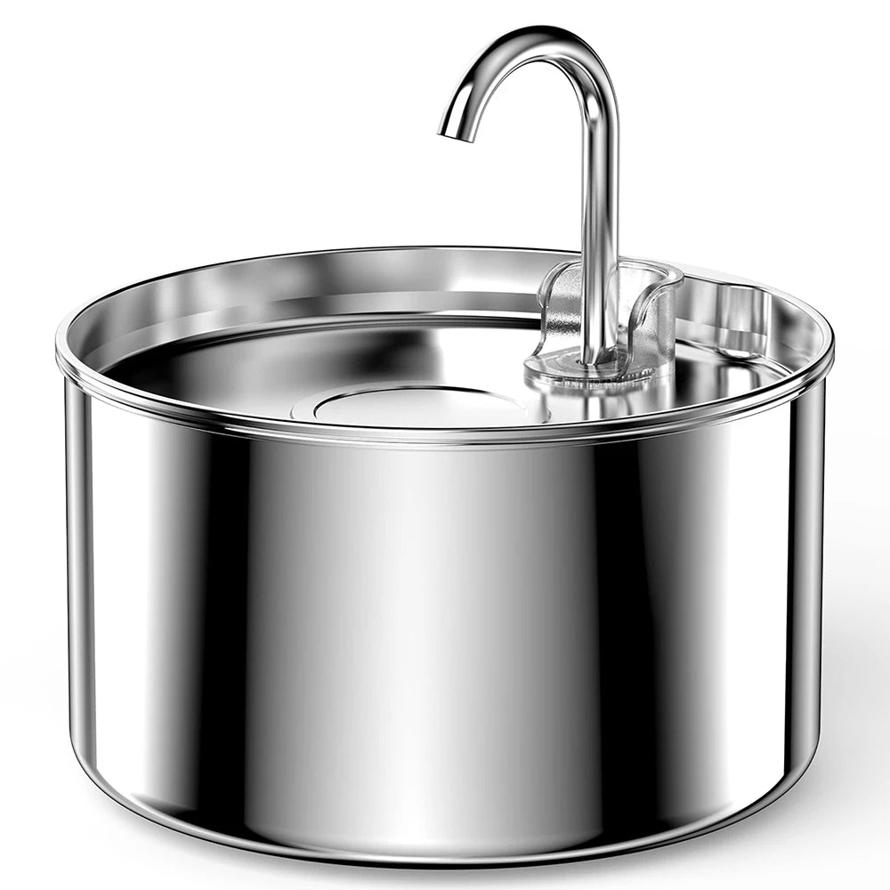 A stainless steel pet water fountain with a curved spout and filter assembly.
