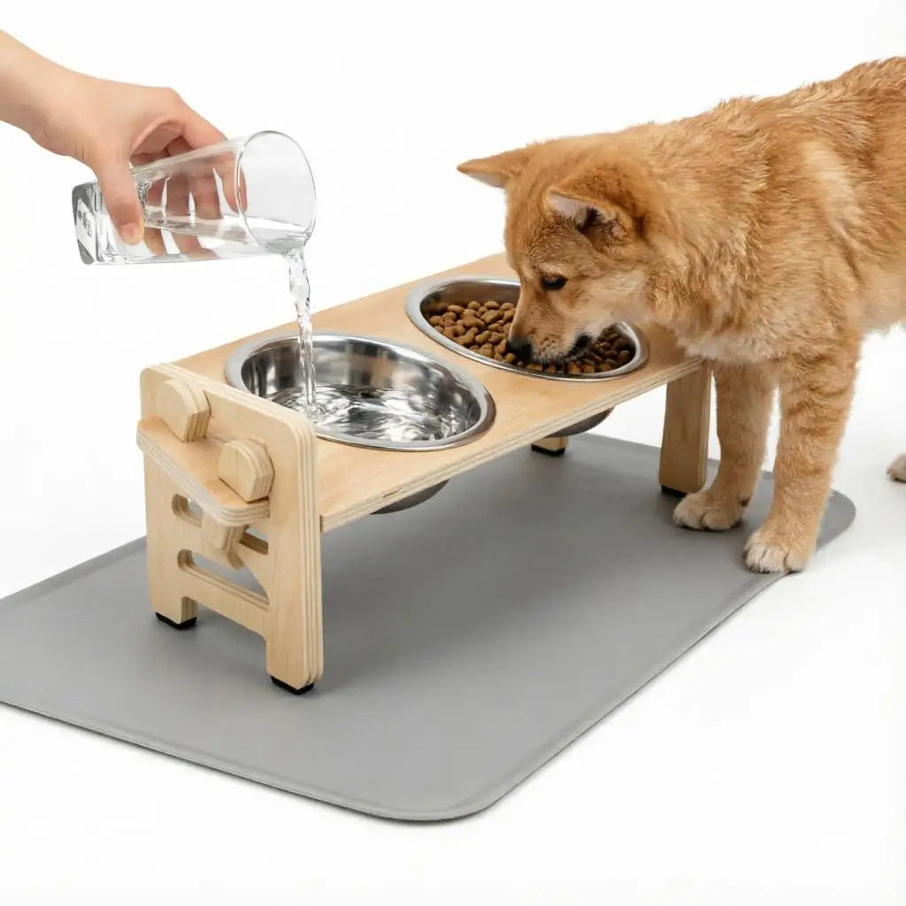 A hand pours water into an elevated puppy bowl on a wooden stand placed on a gray food mat.