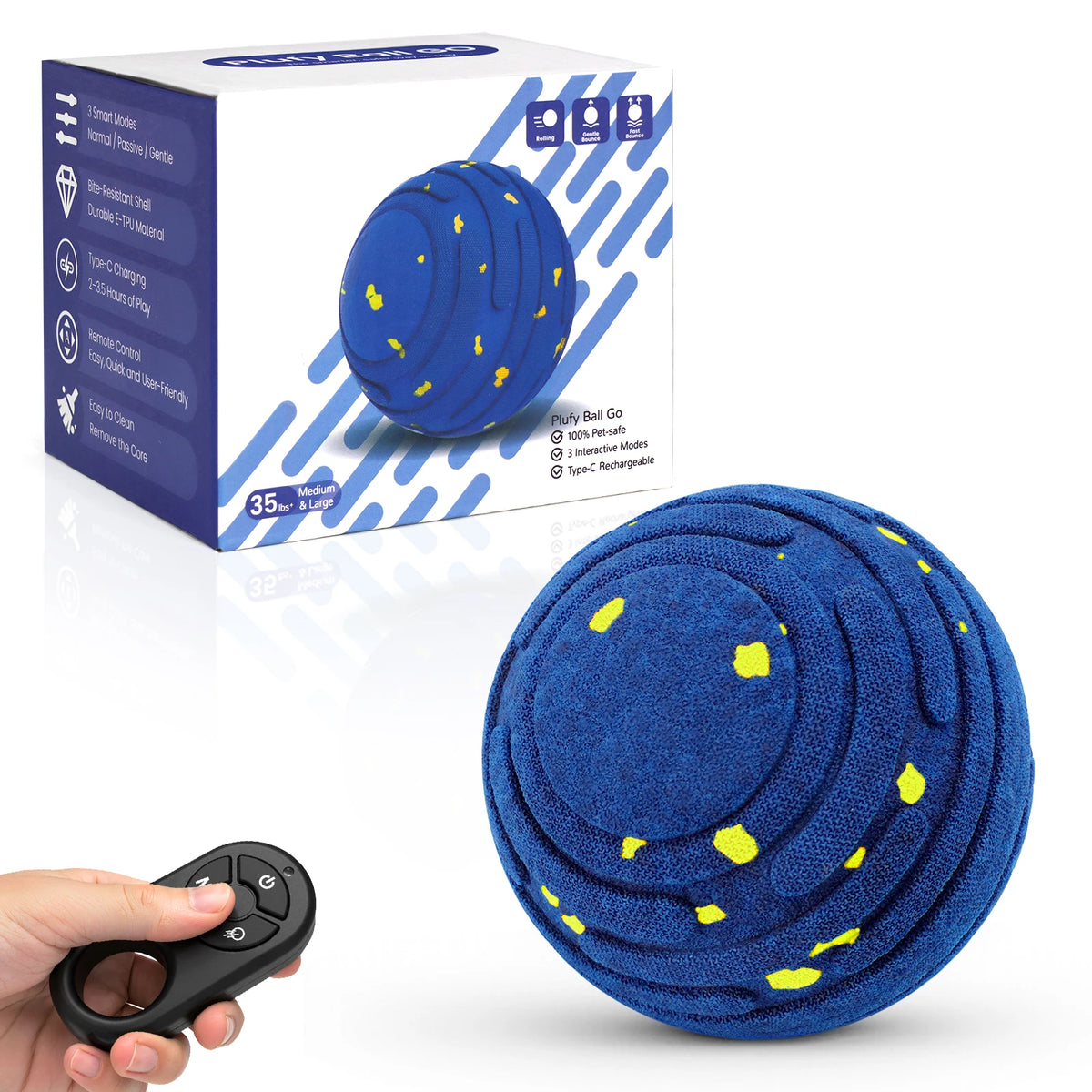 A blue interactive E-TPU toy ball for dogs with a remote control and charging accessories.
