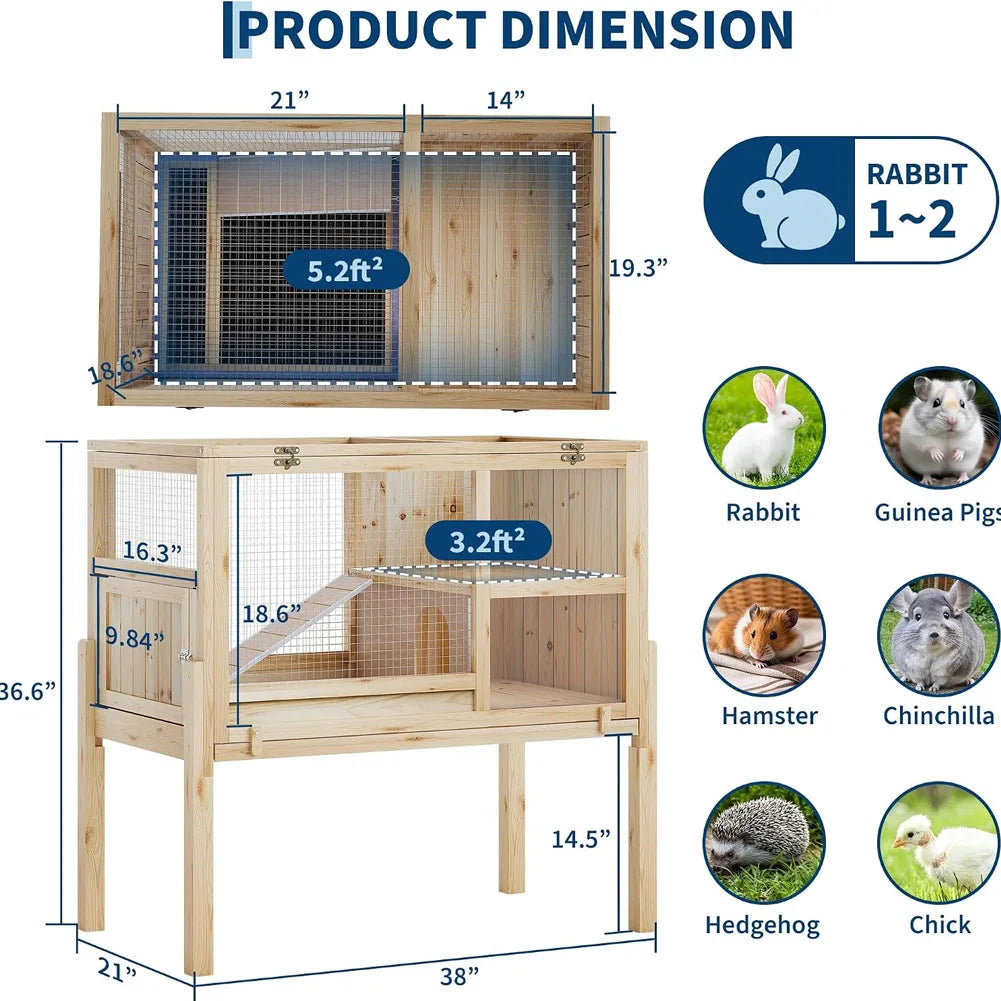 Wooden 2-Story Small Pet Cage with Stand, Ramp, and Hideout