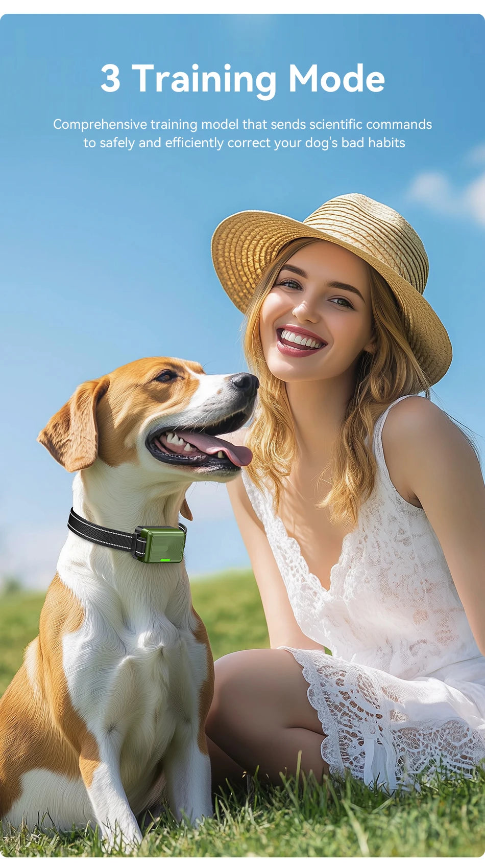A smiling woman wearing a straw hat is interacting with a dog while demonstrating an electric training collar.