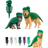A collection of green dinosaur skeleton pet costumes for dogs and cats, including a dog wearing a costume and several cat ske