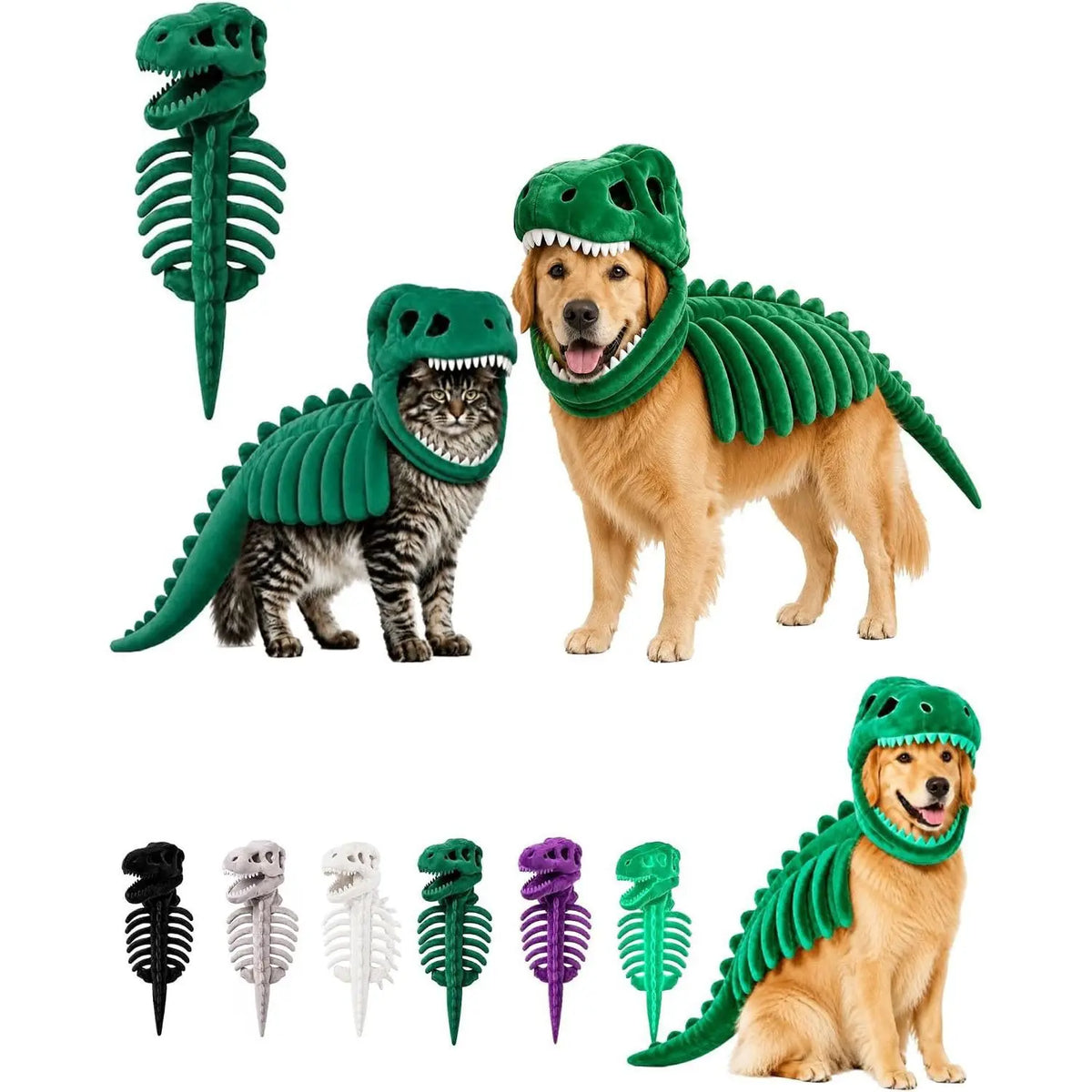 A collection of green dinosaur skeleton pet costumes for dogs and cats, including a dog wearing a costume and several cat ske
