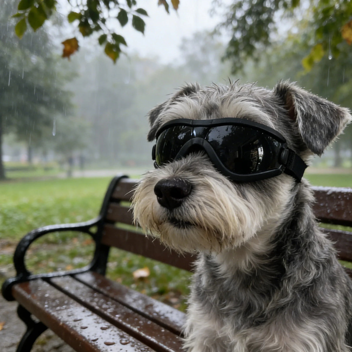 A fluffy dog wearing black UV protection sunglasses sits on a wooden bench in a park setting.