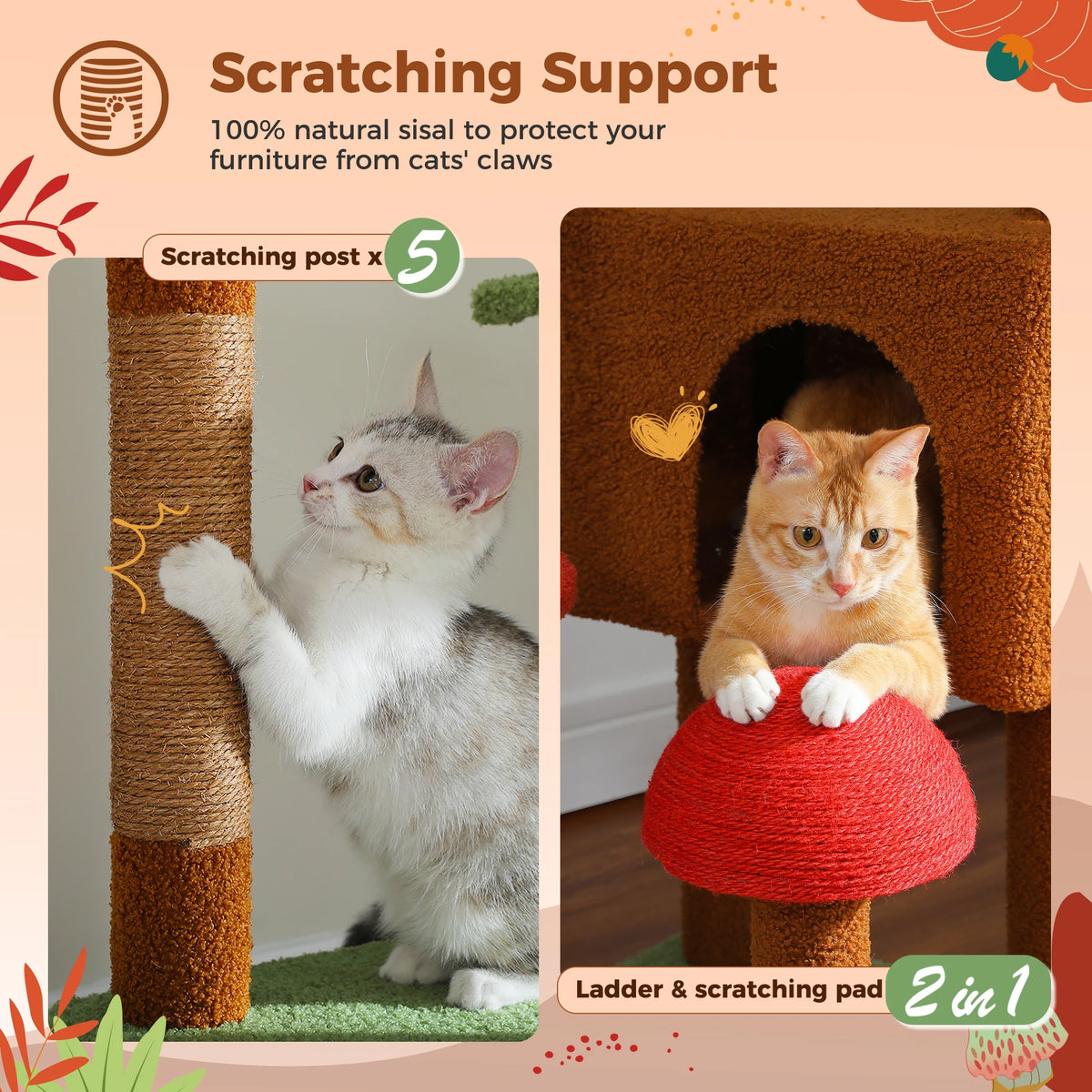 A cat is using a scratching post and pad on an orange cat tree for scratching support.